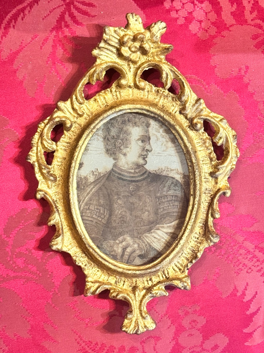 Portrait d’un condottiere italien du XVIe siècle dans un ancien cadre rocaille doré