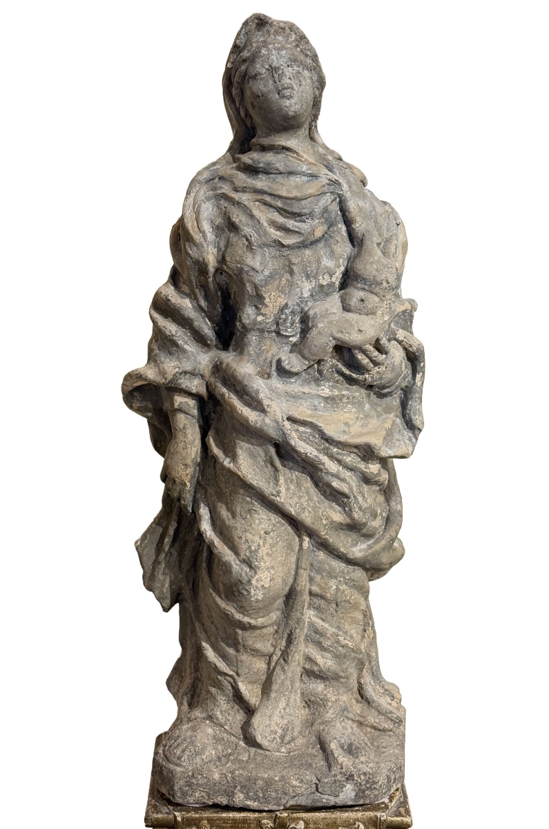 Vierge à l’Enfant en pierre calcaire – Sculpture d’oratoire – XVIIIᵉ siècle