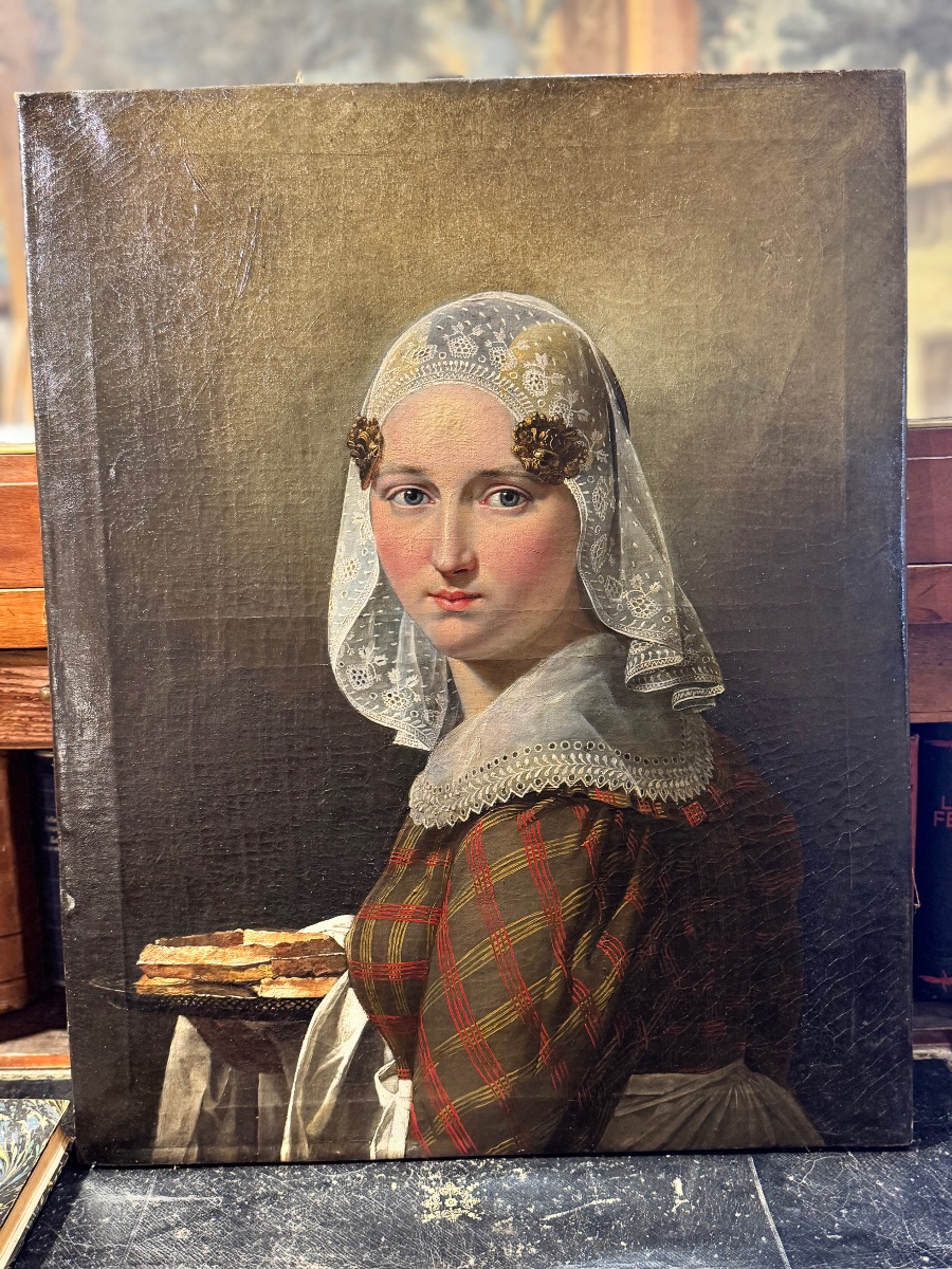 Portrait de jeune Hollandaise en costume traditionnel – huile sur toile 1830-photo-3