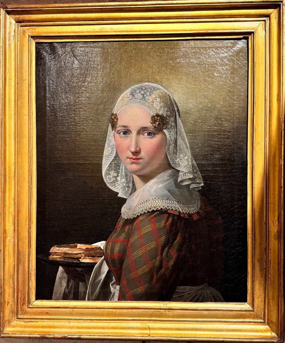 Portrait de jeune Hollandaise en costume traditionnel – huile sur toile 1830