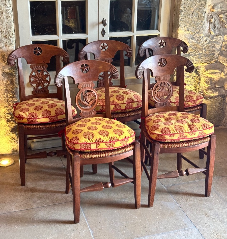 Set Of Five Consulat-period Chairs In Cherry Wood—late 18th / Early 19th Century