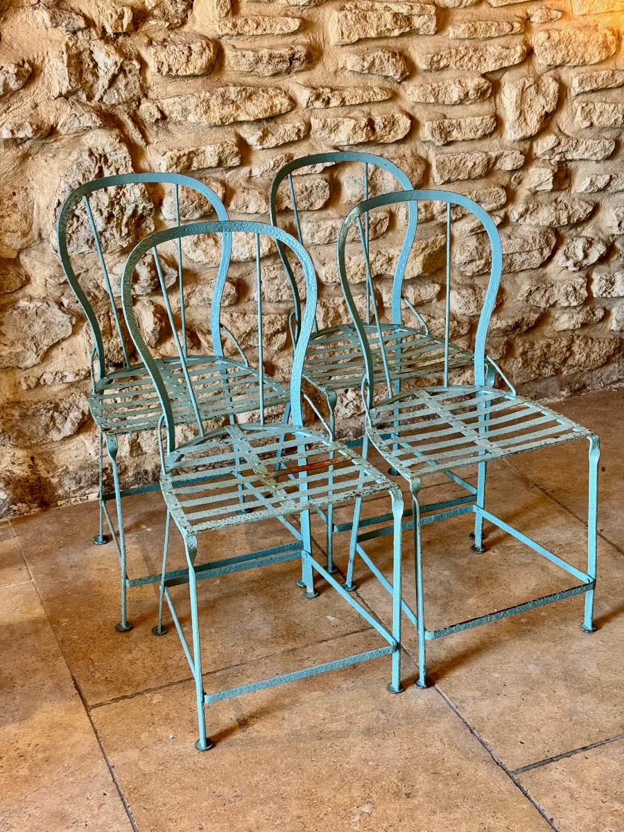 Four Chairs And A Garden Pedestal Table Made Of Riveted Iron – Early 20th Century-photo-2