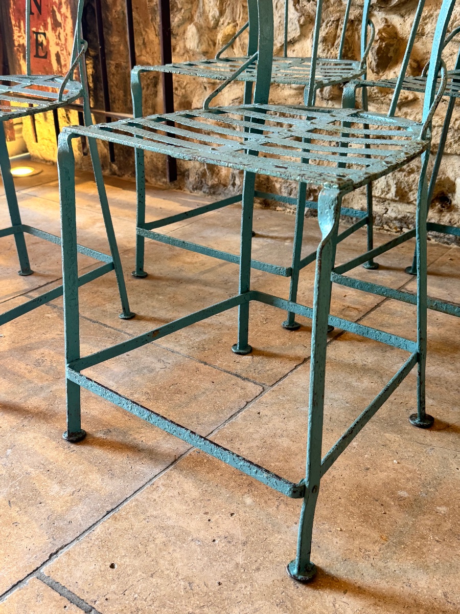 Four Chairs And A Garden Pedestal Table Made Of Riveted Iron – Early 20th Century-photo-4