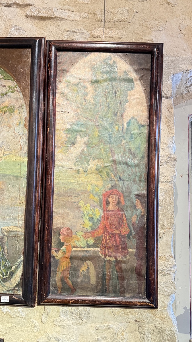 Grand triptyque peint – Scène médiévale dans un paysage lacustre – XIXe siècle-photo-2