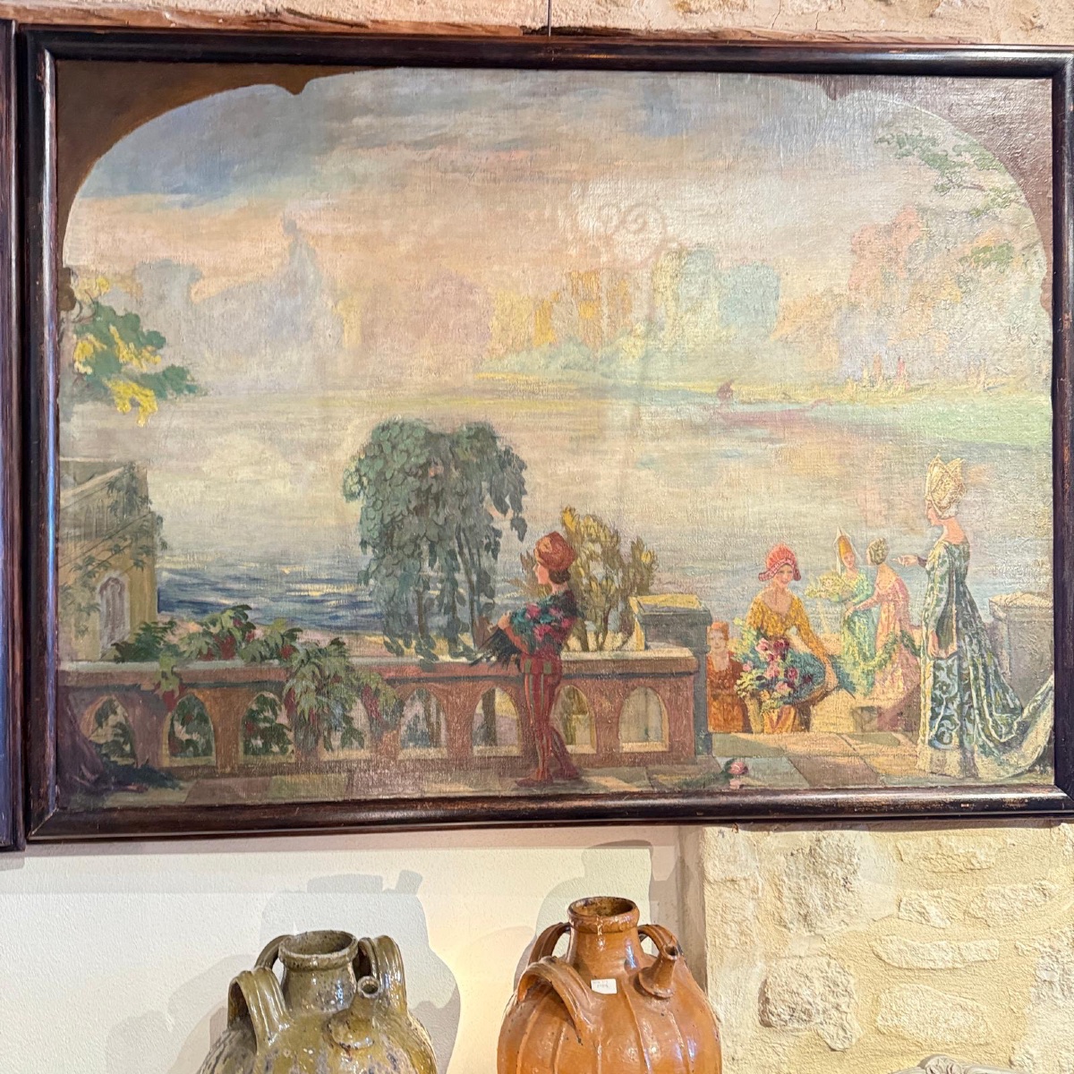 Grand triptyque peint – Scène médiévale dans un paysage lacustre – XIXe siècle-photo-2