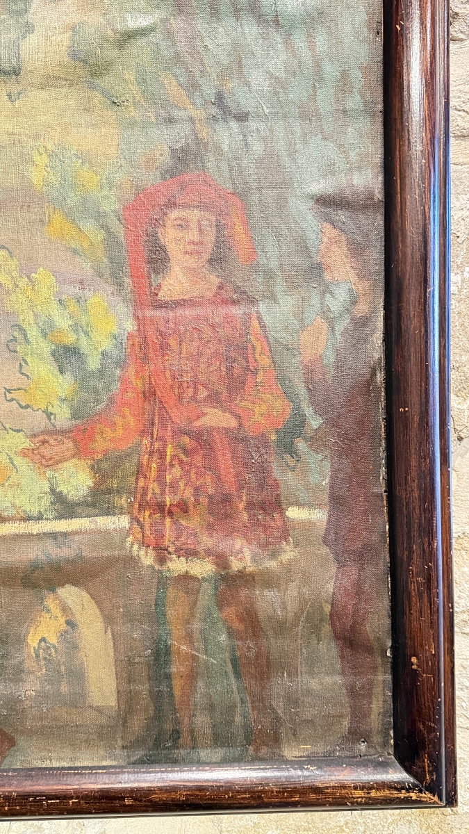 Grand triptyque peint – Scène médiévale dans un paysage lacustre – XIXe siècle-photo-1