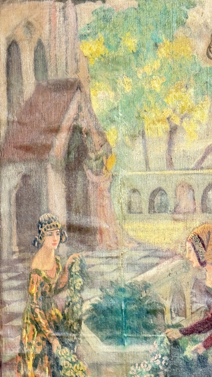 Grand triptyque peint – Scène médiévale dans un paysage lacustre – XIXe siècle-photo-4