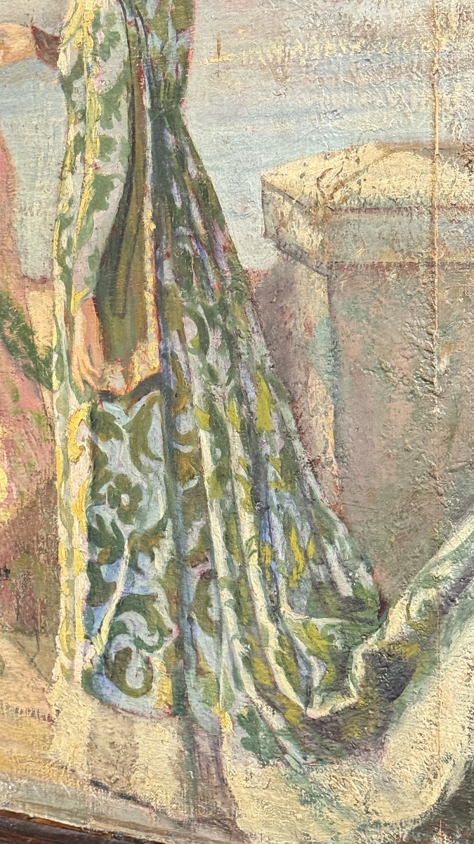 Grand triptyque peint – Scène médiévale dans un paysage lacustre – XIXe siècle-photo-5