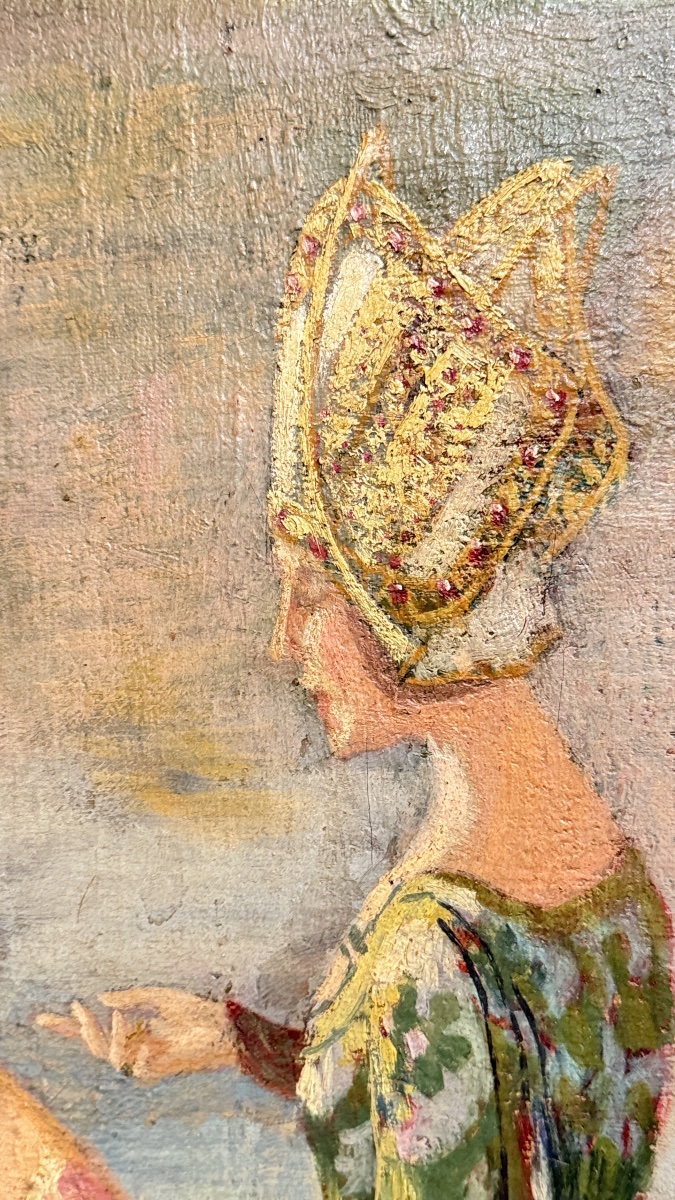 Grand triptyque peint – Scène médiévale dans un paysage lacustre – XIXe siècle-photo-7