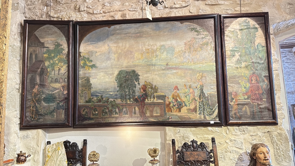 Grand triptyque peint – Scène médiévale dans un paysage lacustre – XIXe siècle-photo-8