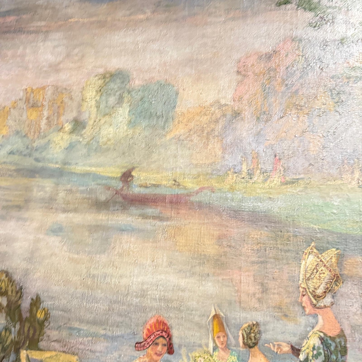 Grand triptyque peint – Scène médiévale dans un paysage lacustre – XIXe siècle-photo-2