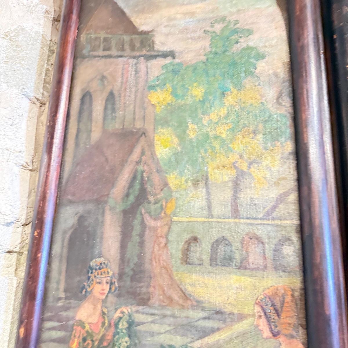Grand triptyque peint – Scène médiévale dans un paysage lacustre – XIXe siècle-photo-7