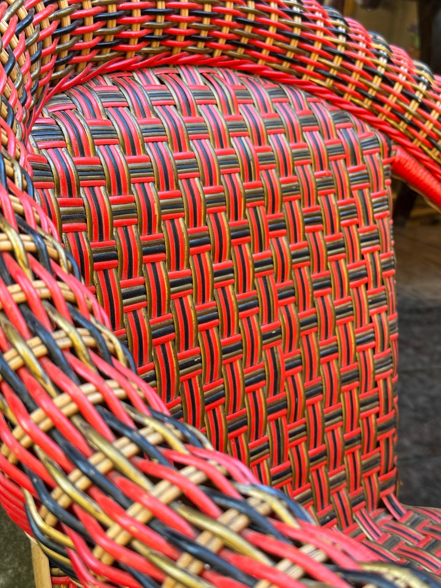 Polychrome Rattan Bench And Armchair – Circa 1920-photo-1