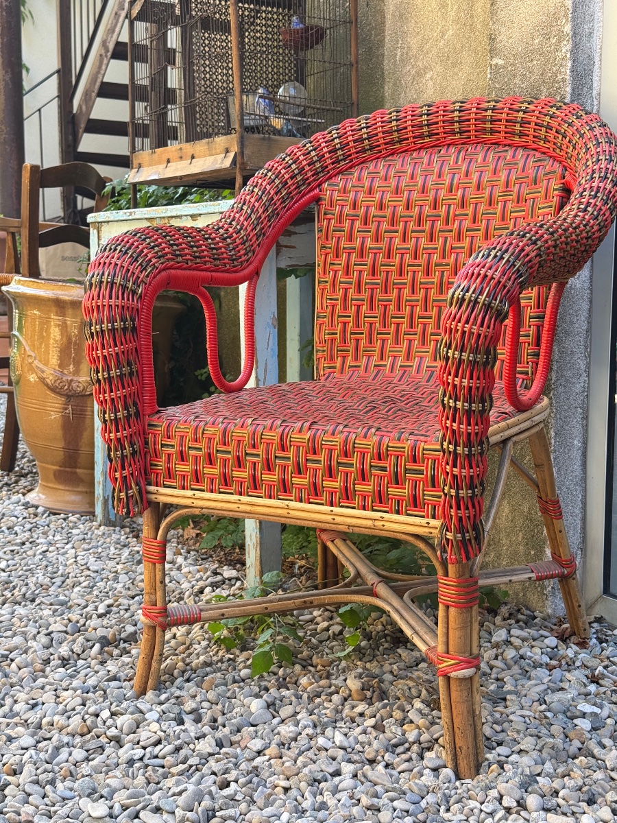 Polychrome Rattan Bench And Armchair – Circa 1920-photo-4