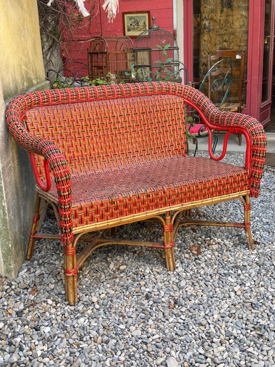 Polychrome Rattan Bench And Armchair – Circa 1920-photo-5