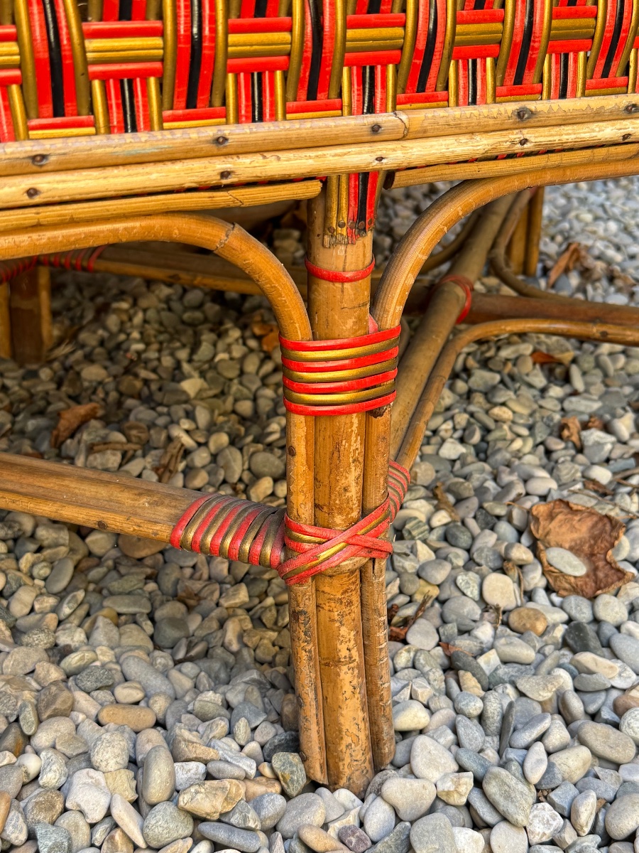 Polychrome Rattan Bench And Armchair – Circa 1920-photo-6