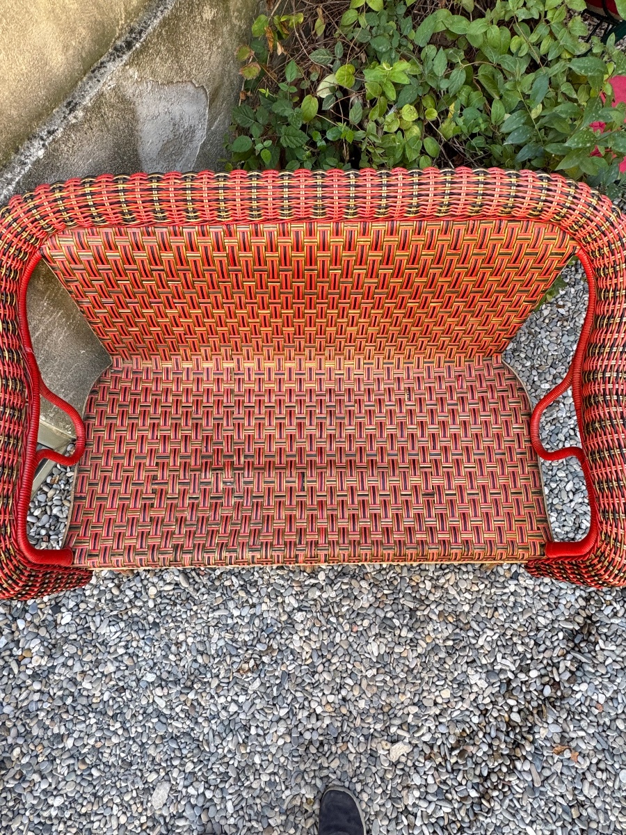 Polychrome Rattan Bench And Armchair – Circa 1920-photo-8