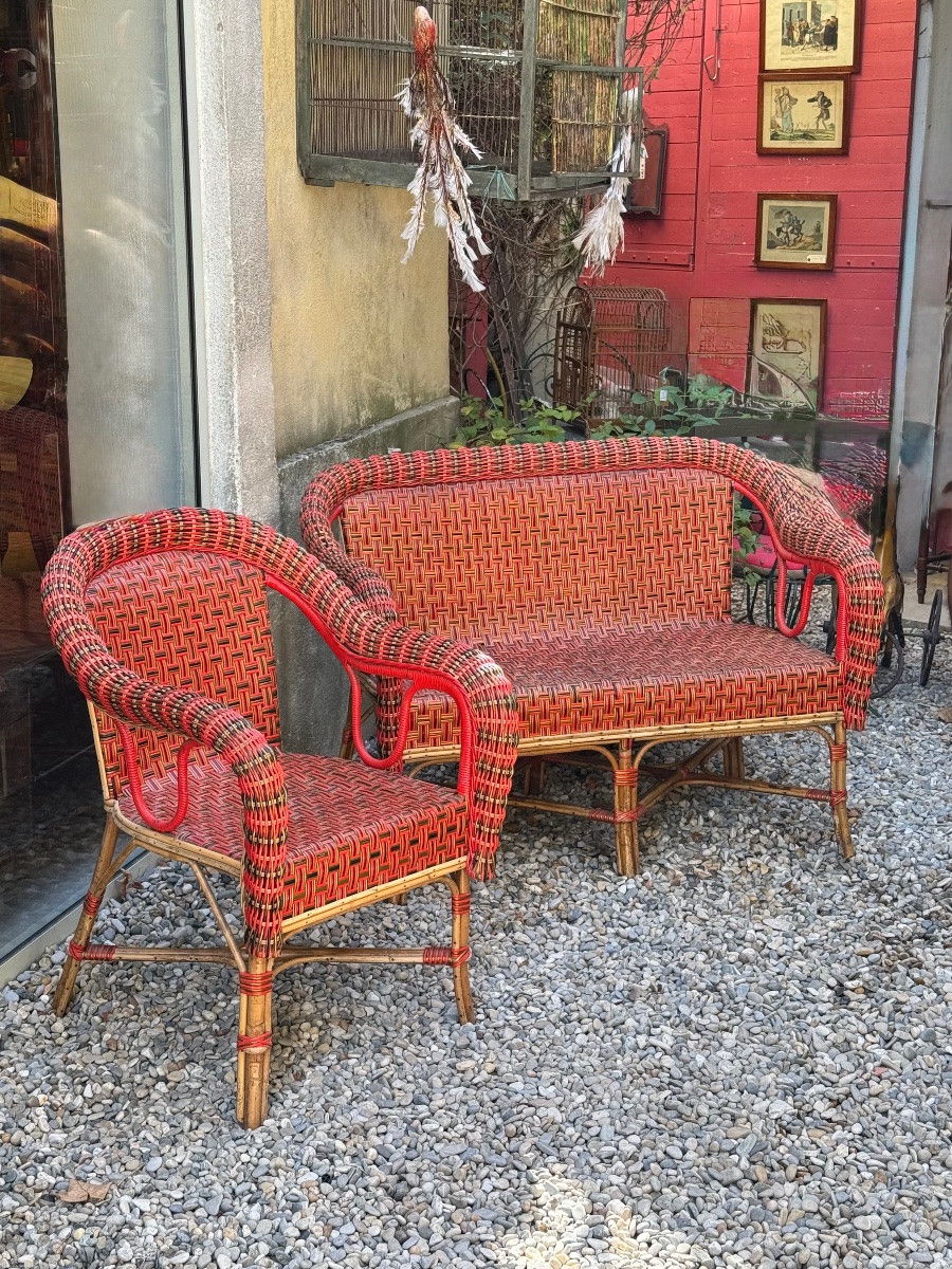 Polychrome Rattan Bench And Armchair – Circa 1920