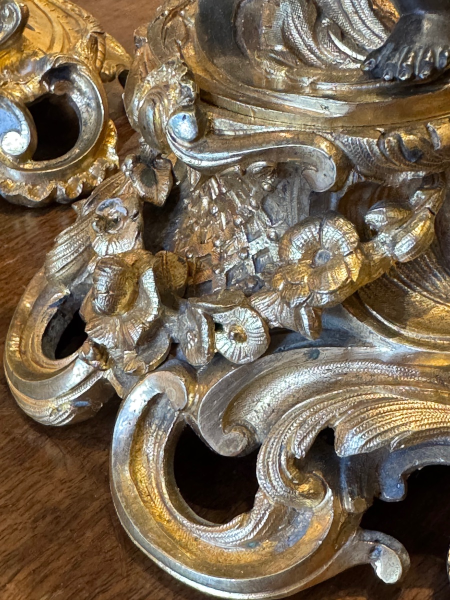 Paire de chandeliers en bronze patiné et doré, style rocaille Louis XV – XIXe siècle-photo-4