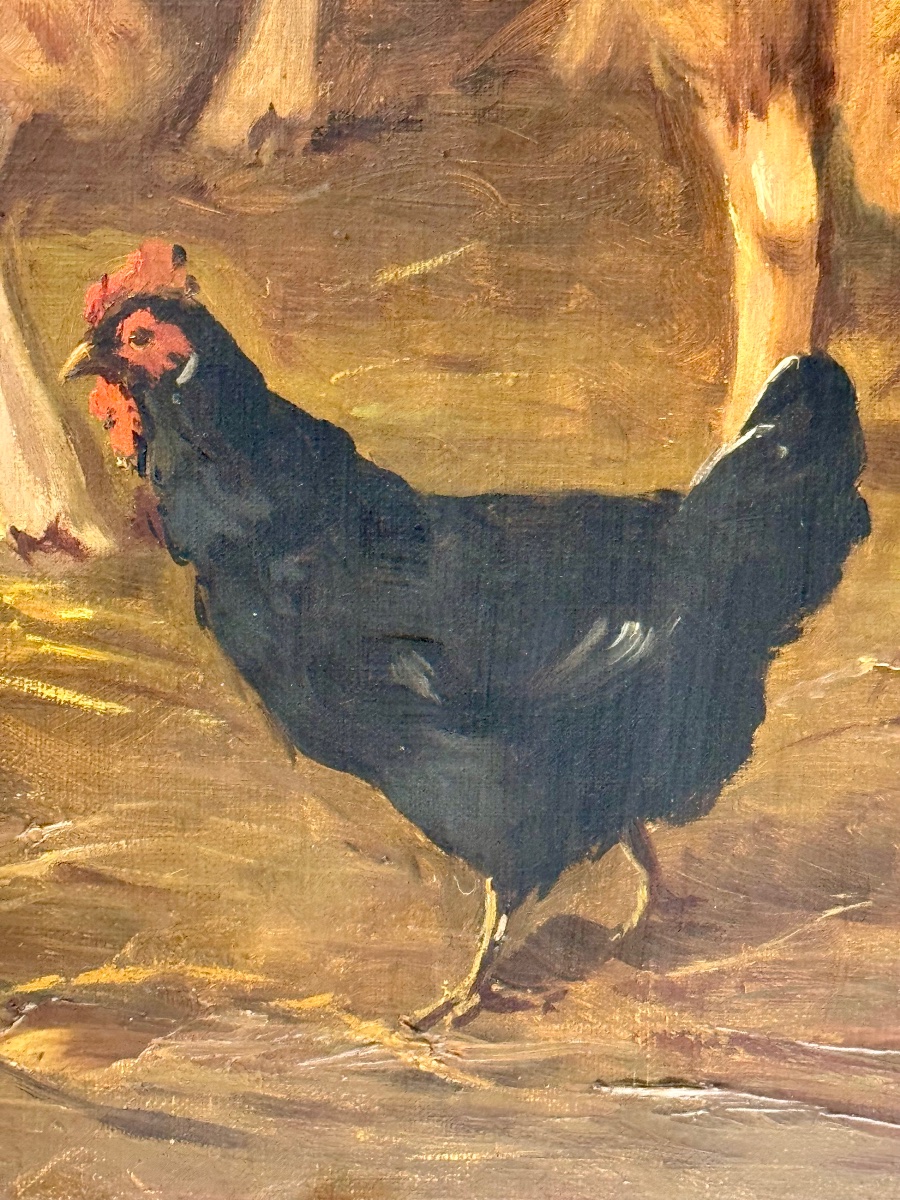 Large Scene Of A Sheepfold With Sheep And Poultry – Oil On Canvas, Late 19th Century-photo-2