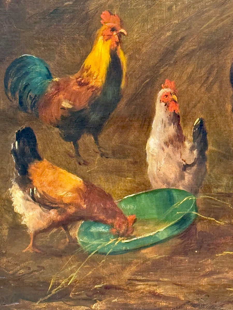 Large Scene Of A Sheepfold With Sheep And Poultry – Oil On Canvas, Late 19th Century-photo-4