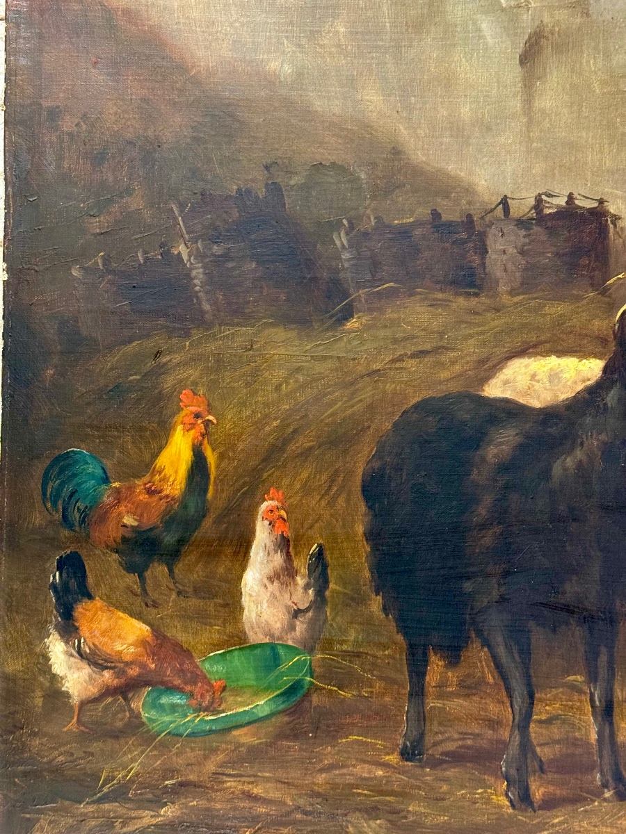 Large Scene Of A Sheepfold With Sheep And Poultry – Oil On Canvas, Late 19th Century-photo-4