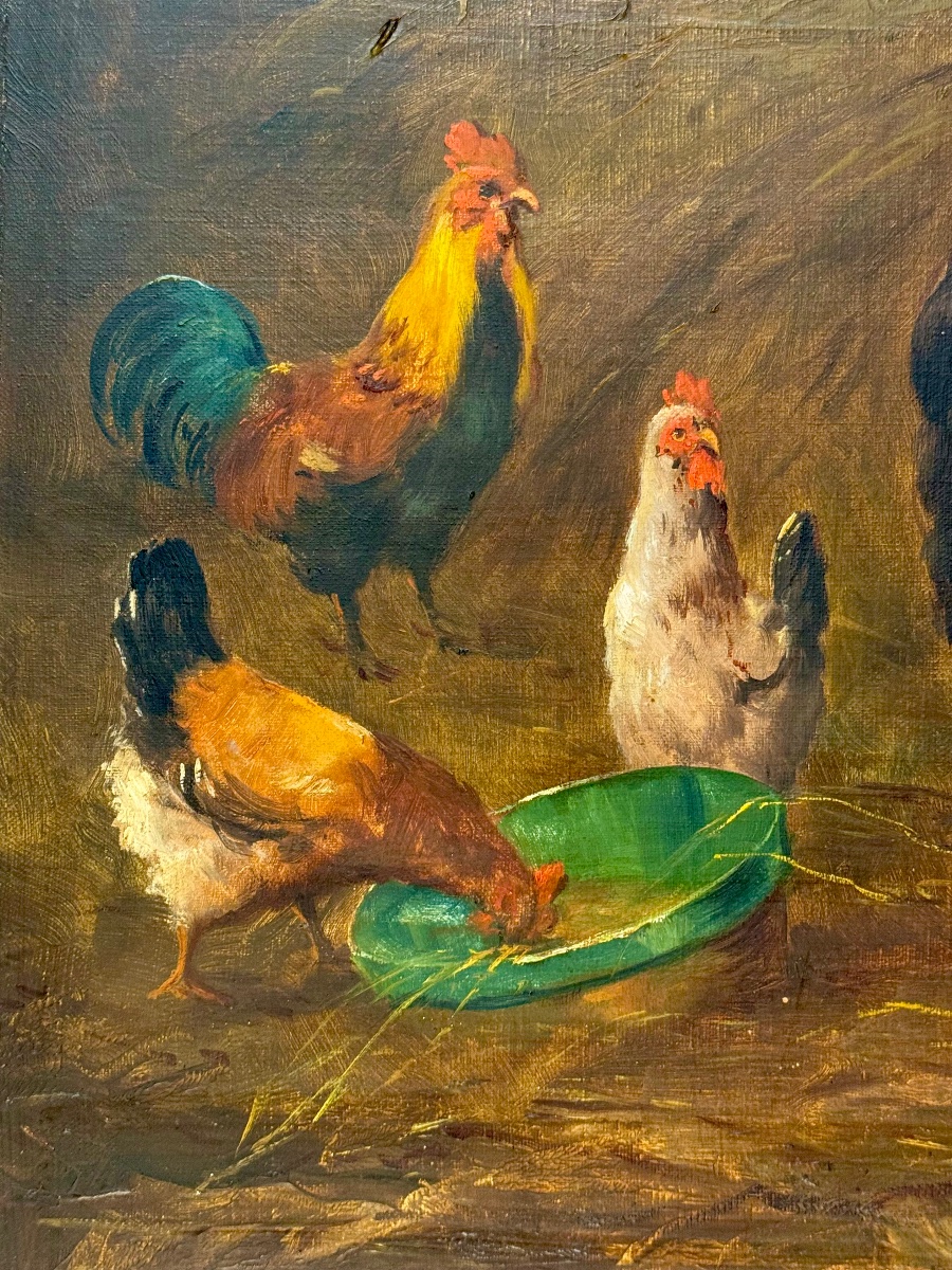 Large Scene Of A Sheepfold With Sheep And Poultry – Oil On Canvas, Late 19th Century-photo-5