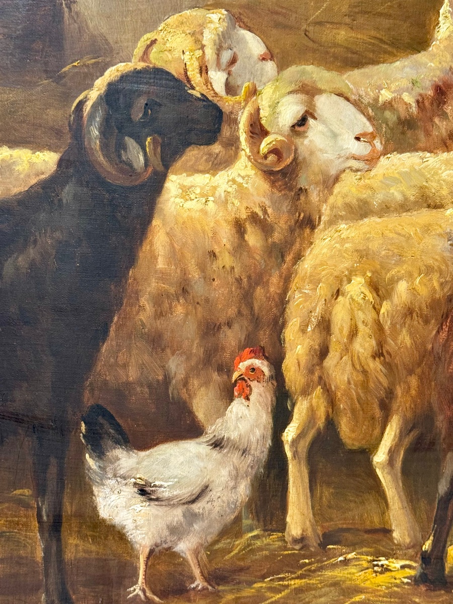 Large Scene Of A Sheepfold With Sheep And Poultry – Oil On Canvas, Late 19th Century-photo-6