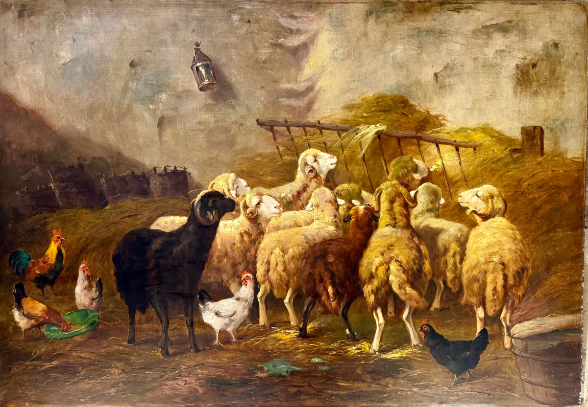 Large Scene Of A Sheepfold With Sheep And Poultry – Oil On Canvas, Late 19th Century