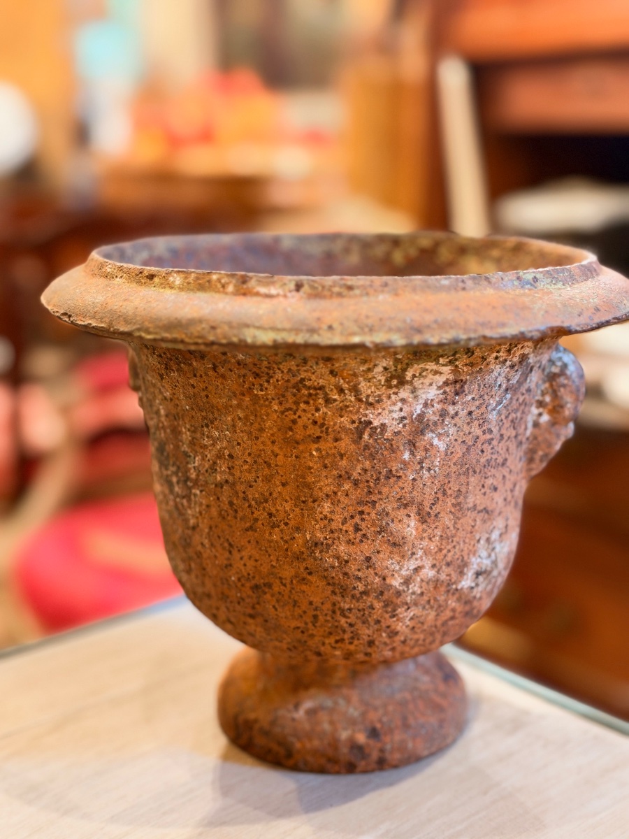 Paire de petits vases Médicis en fonte à têtes stylisées – XIXe siècle-photo-3
