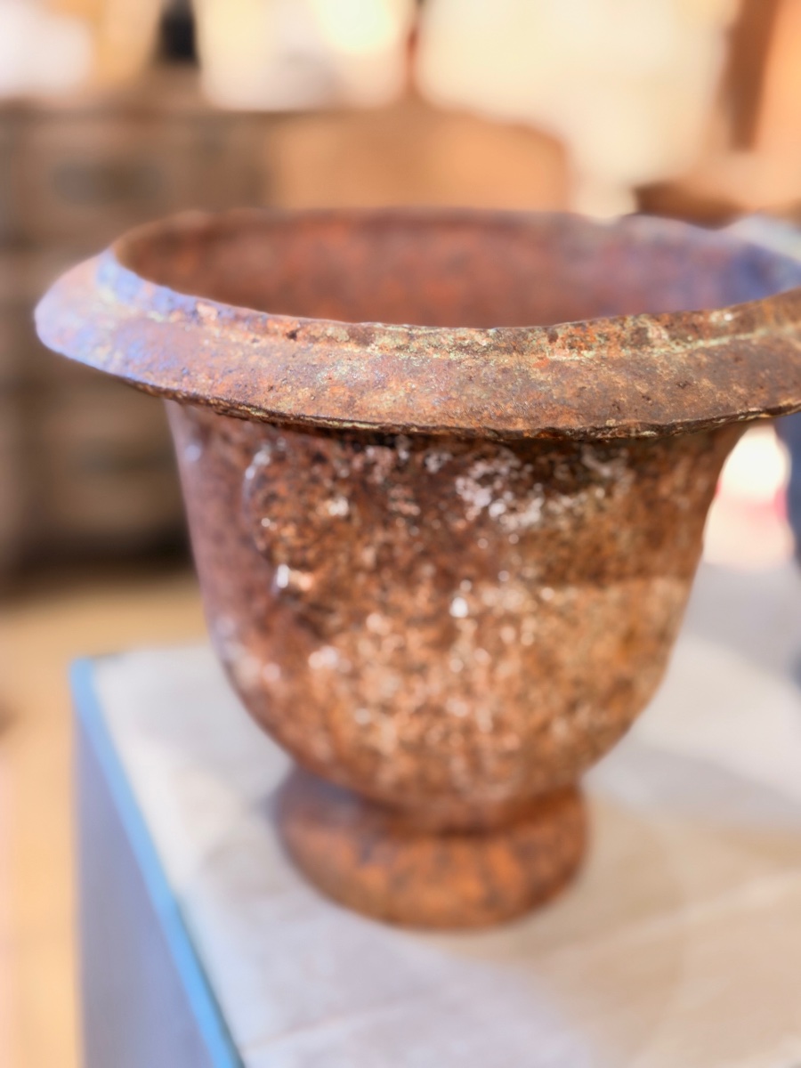 Paire de petits vases Médicis en fonte à têtes stylisées – XIXe siècle-photo-3