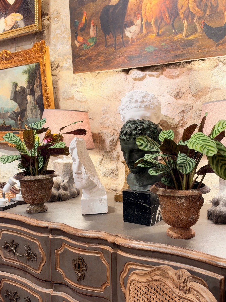 Paire de petits vases Médicis en fonte à têtes stylisées – XIXe siècle-photo-5