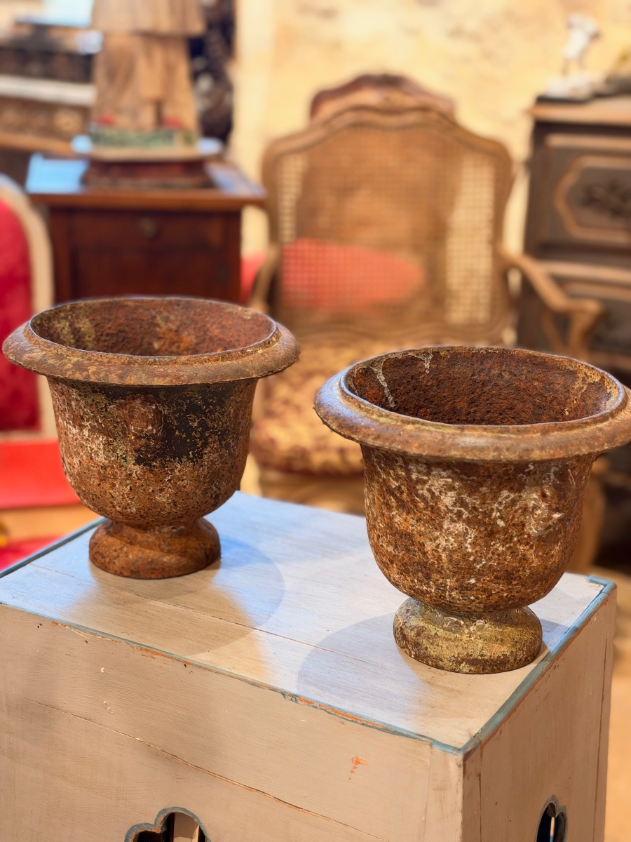 Paire de petits vases Médicis en fonte à têtes stylisées – XIXe siècle