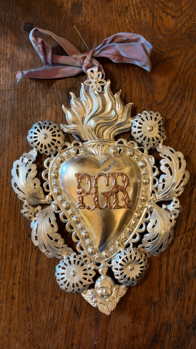Ex-voto italien du XIXe siècle en métal argenté – Sacré-Cœur à décor ajouré-photo-8