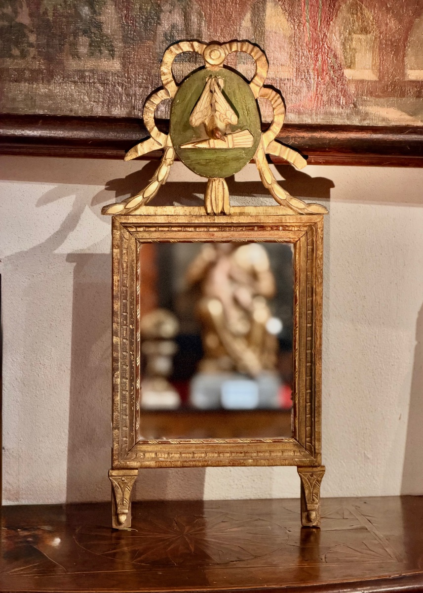 A Directoire-period Mirror From The Late 18th Century, Made Of Carved, Gilded, And Polychrome Wood.