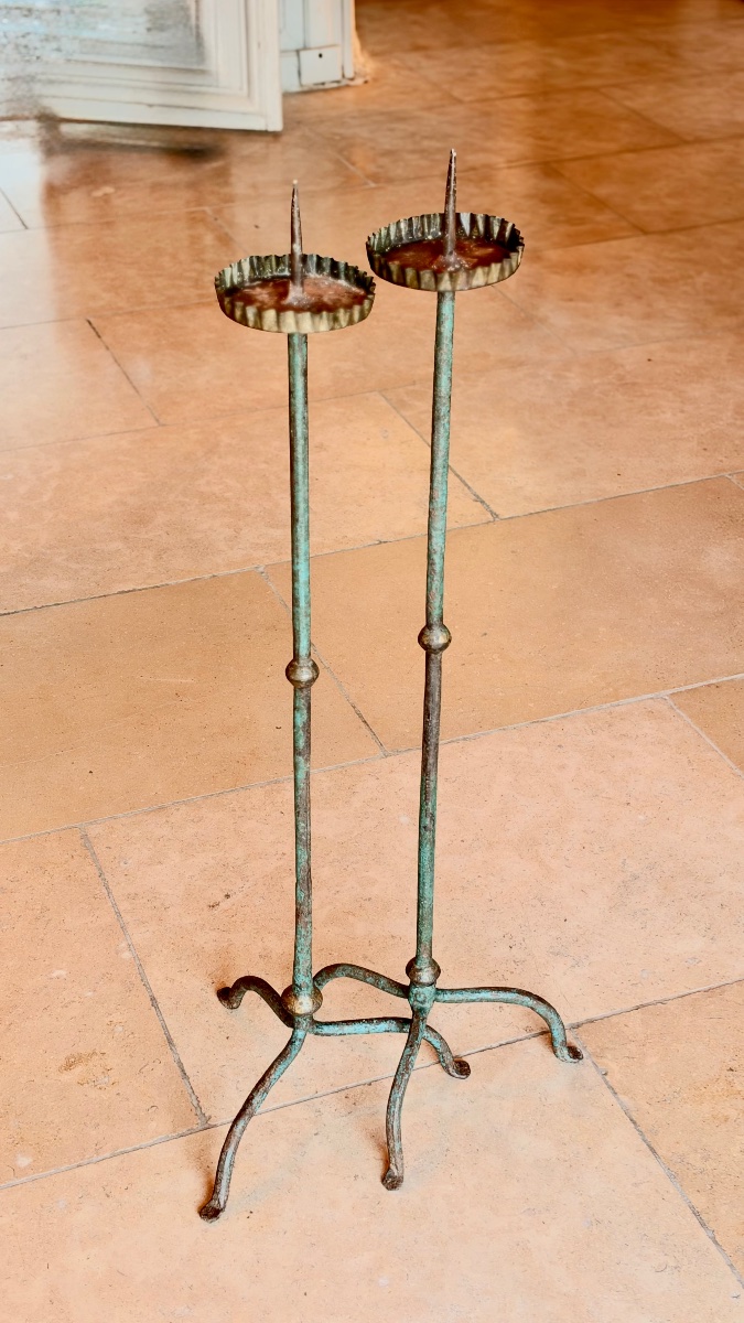 Pair Of Polychrome Wrought-iron Candlesticks – 17th–18th Century