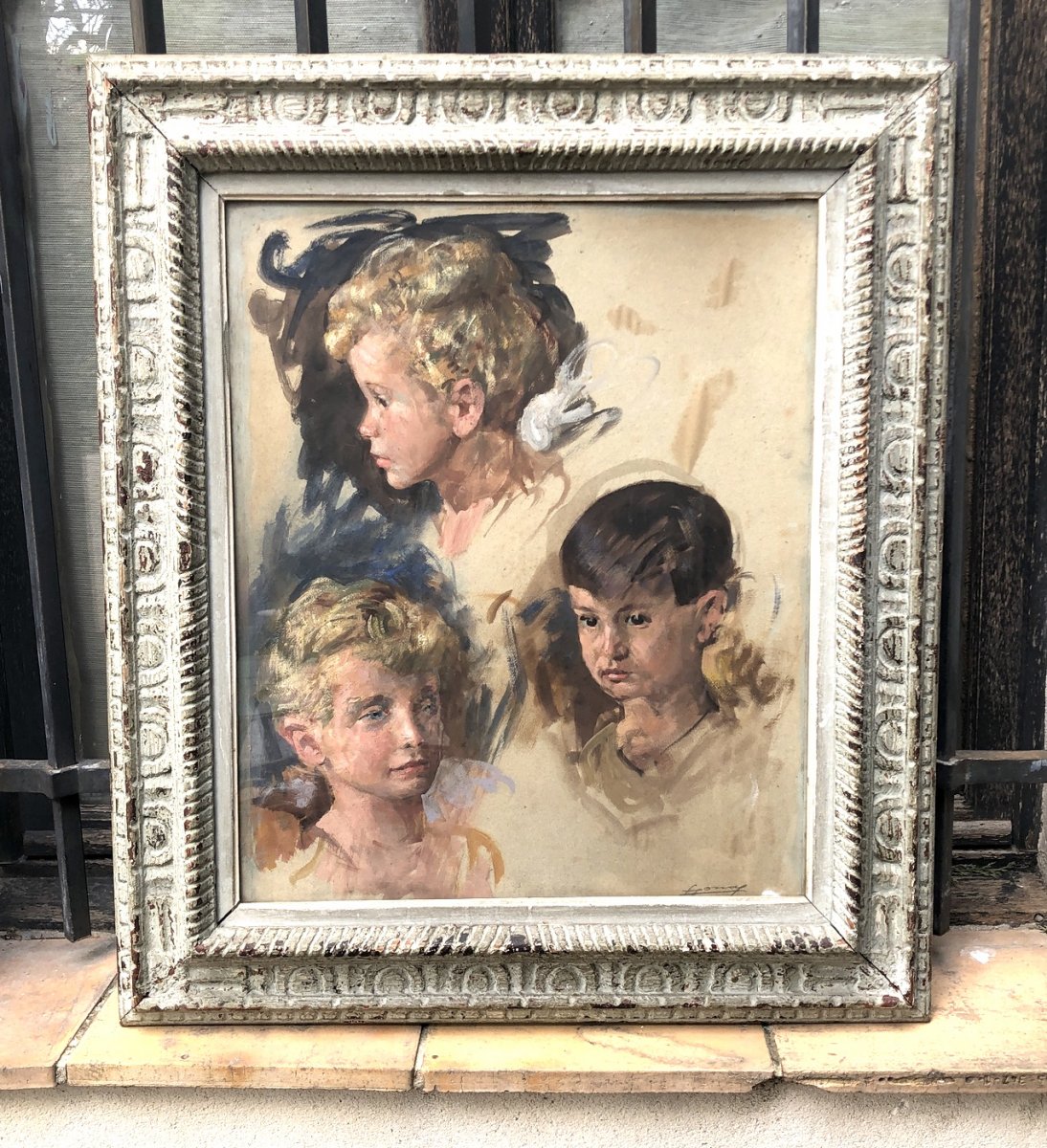 Belle peinture : "Les Enfants De La Châtelaine" Etudes d'Huile Sur Toile Avec 3 Portraits D’enfants finement réalisés Début 20 ème