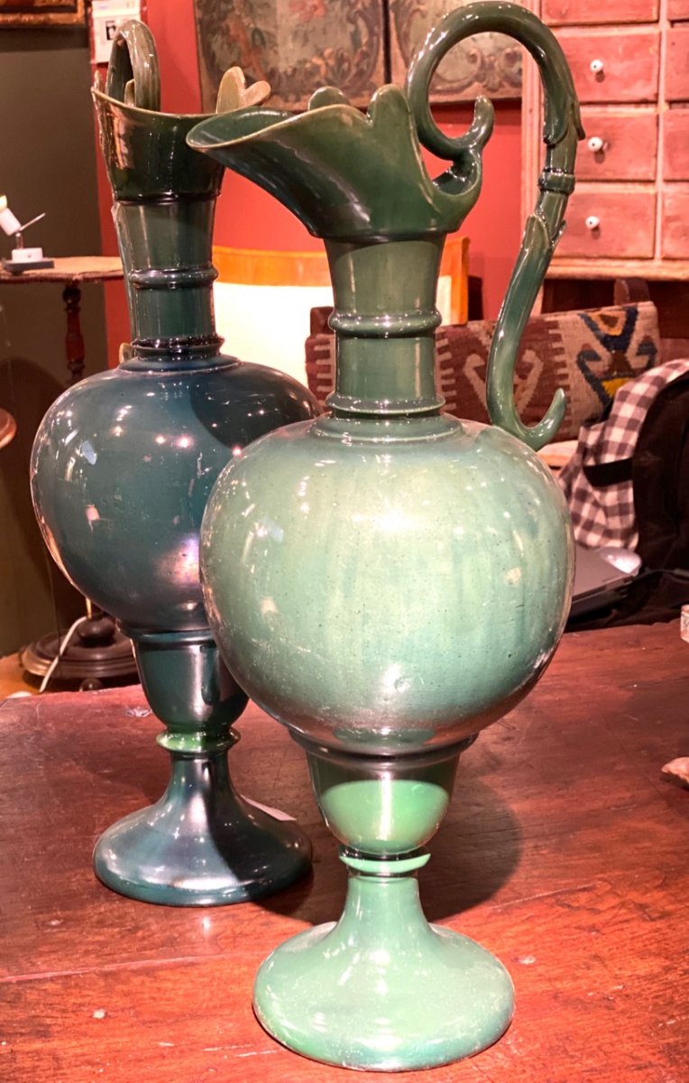 Two Ewers In Green Ceramics Early 20th-photo-3