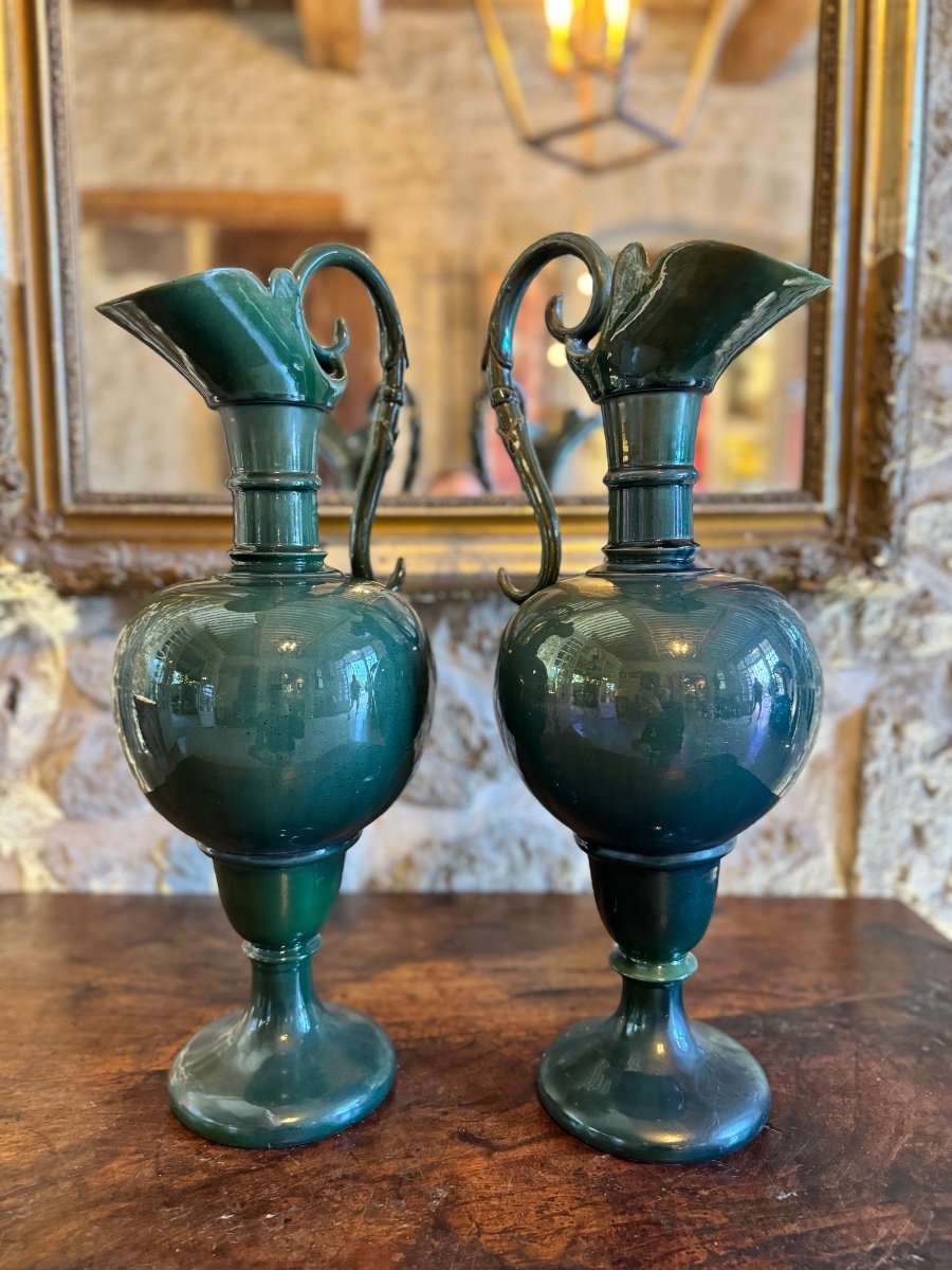Two Ewers In Green Ceramics Early 20th