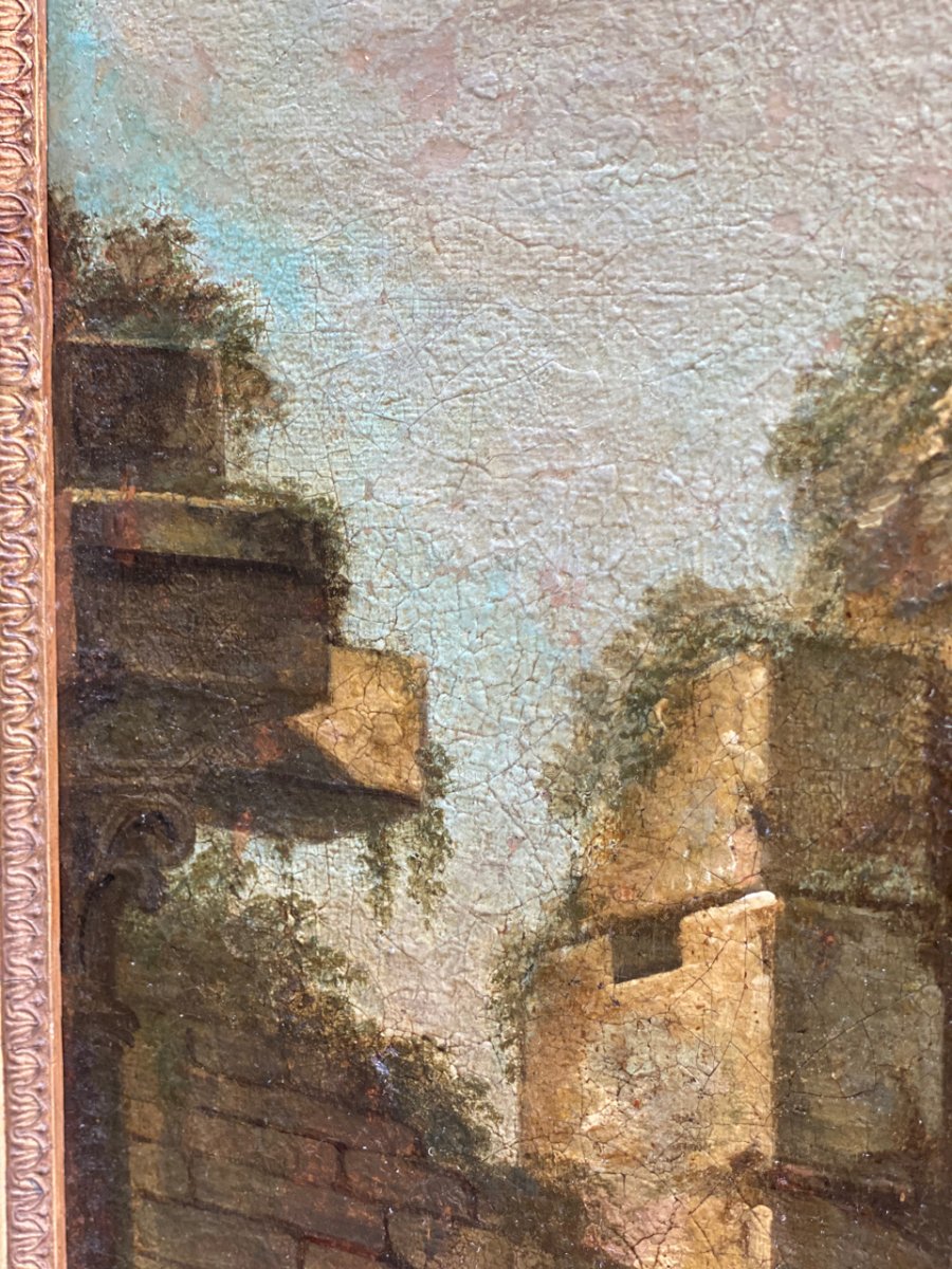 Caprice Architectural Italien, XVIIIe Siècle, Huile sur Toile avec Décor de Temple en Ruines-photo-4