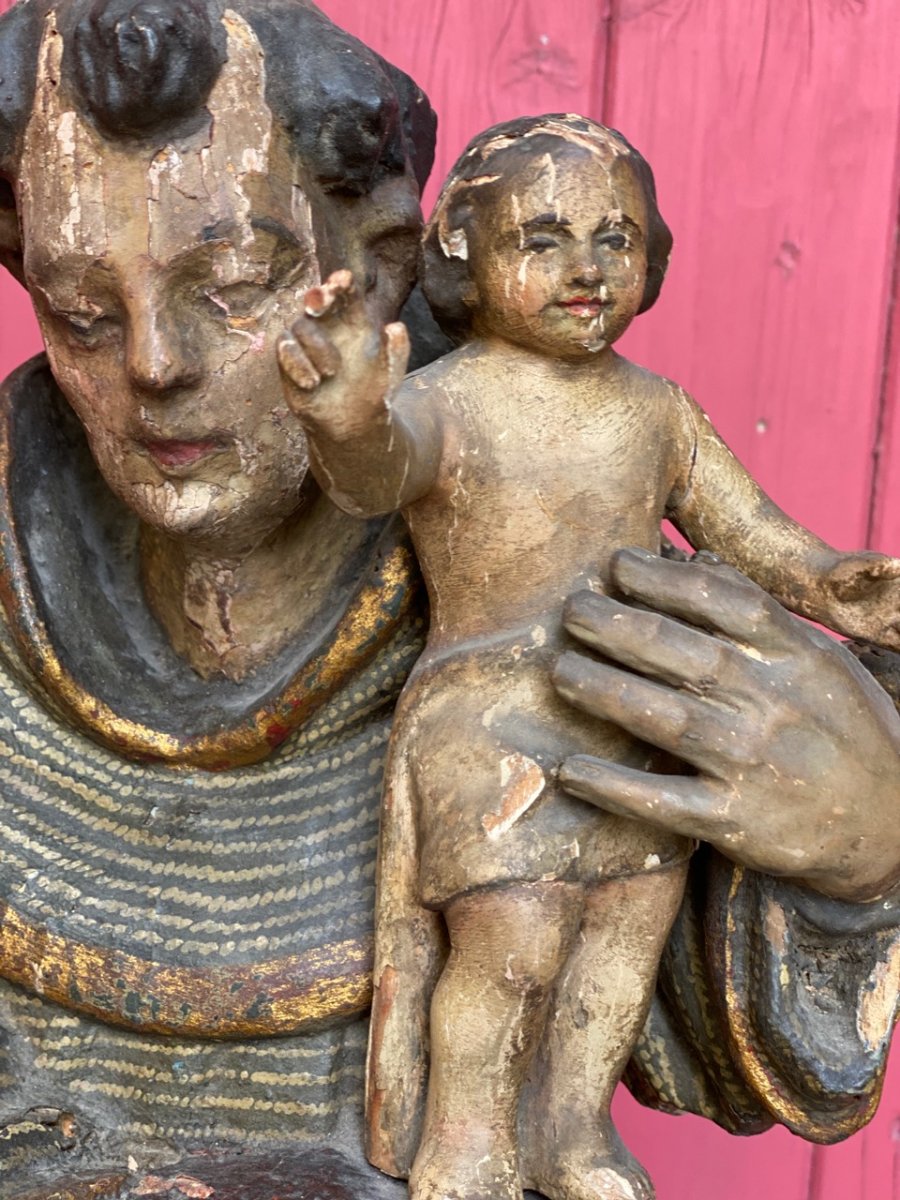 Statue Bois De Saint Antoine De Padoue, Polychrome, Origine Espagne 17-18ème-photo-2