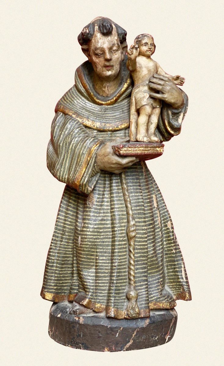 Statue Bois De Saint Antoine De Padoue, Polychrome, Origine Espagne 17-18ème