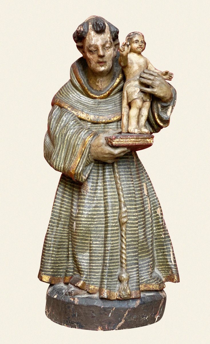 Wood Statue Of Saint Anthony Of Padua, Polychrome, Origin Spain 17-18th