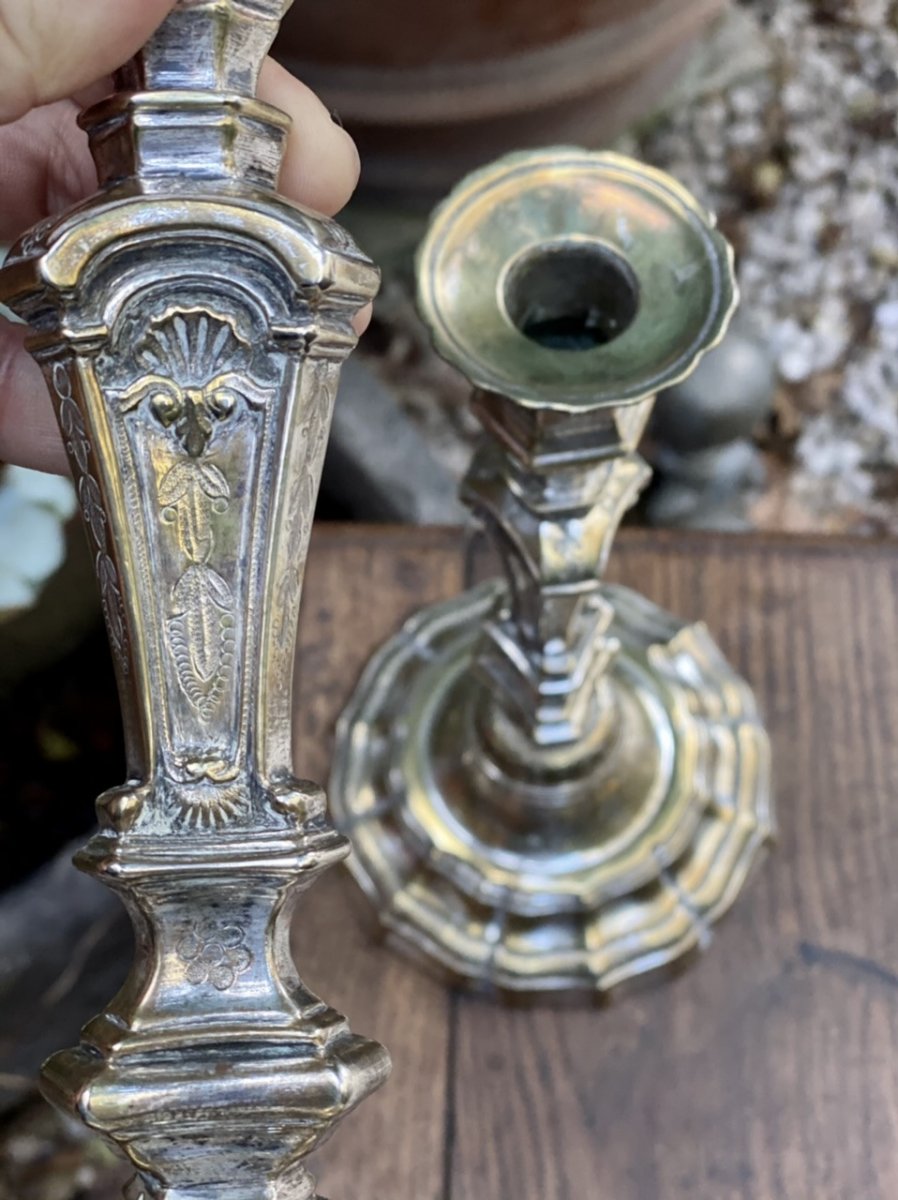 Pair Of Silvered Bronze Regency Candlesticks, Triangular Design-photo-2