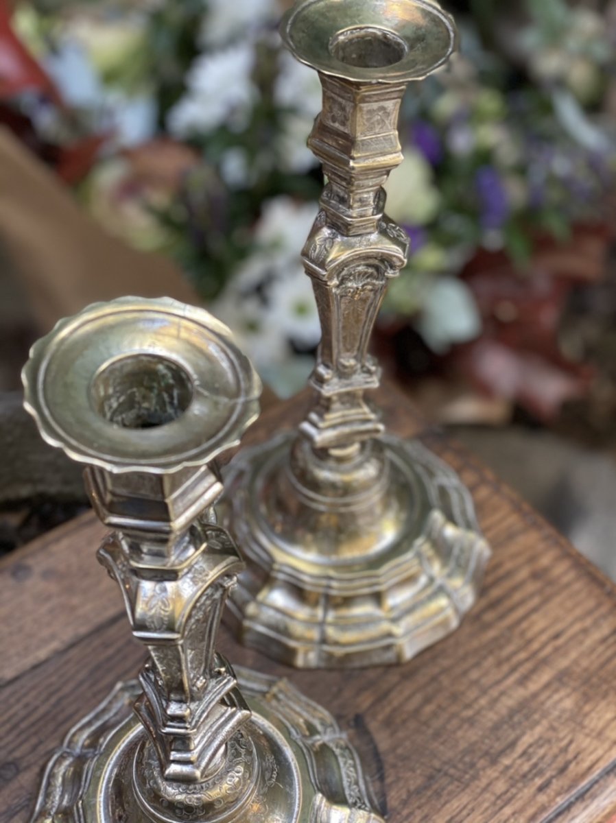 Pair Of Silvered Bronze Regency Candlesticks, Triangular Design-photo-3