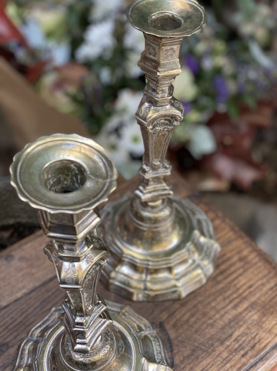 Pair Of Regency Silvered Bronze Candlesticks With 3 Faces-photo-3