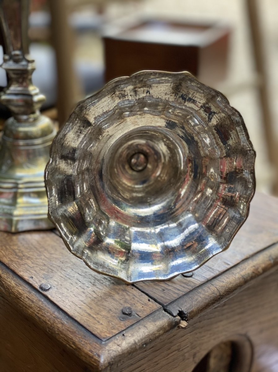 Pair Of Silvered Bronze Regency Candlesticks, Triangular Design-photo-4