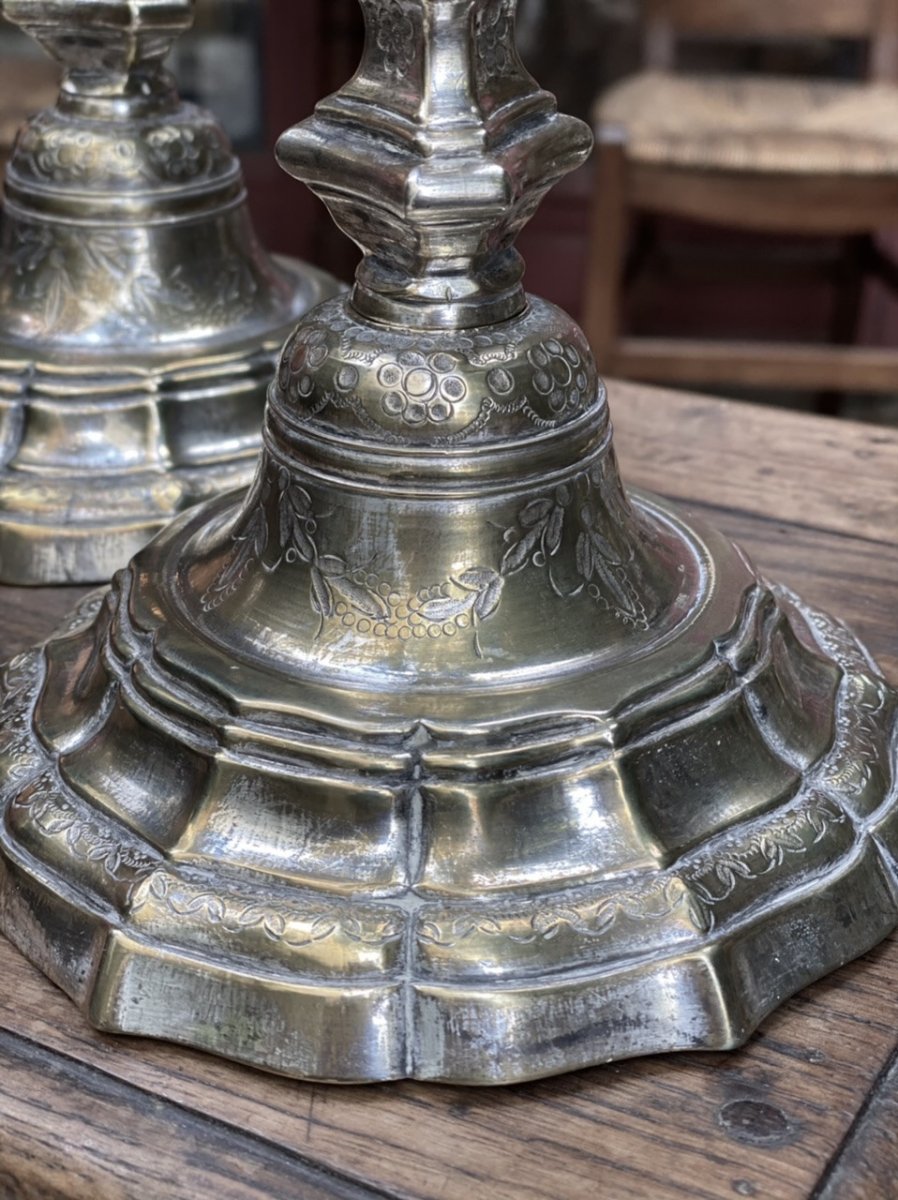 Pair Of Silvered Bronze Regency Candlesticks, Triangular Design-photo-4