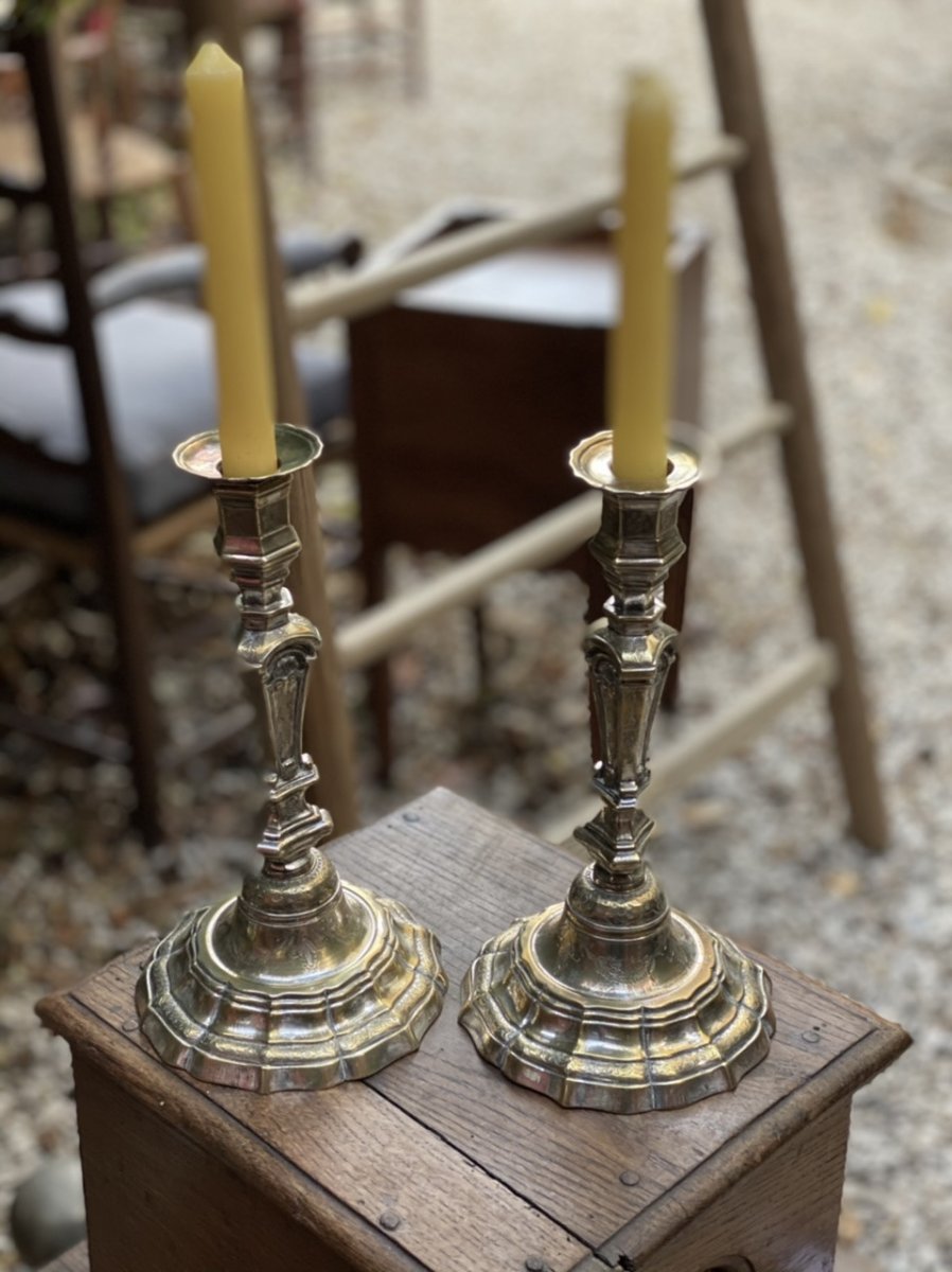 Pair Of Silvered Bronze Regency Candlesticks, Triangular Design-photo-5