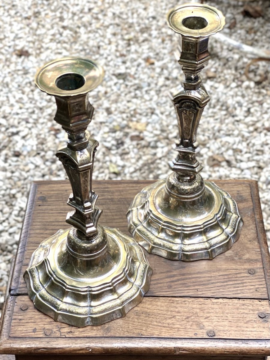 Pair Of Silvered Bronze Regency Candlesticks, Triangular Design